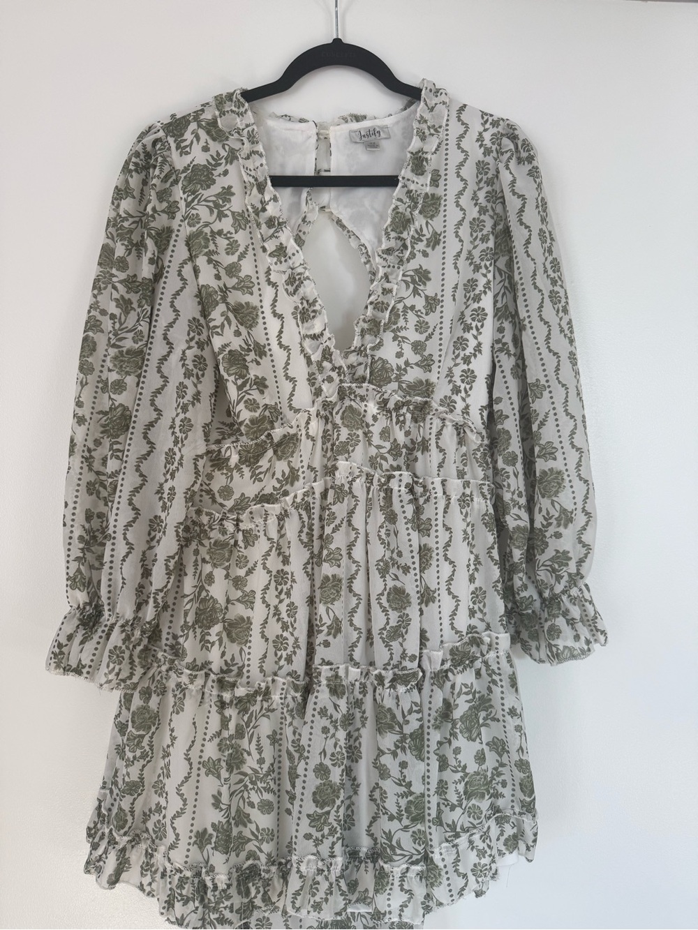 Justify Olive Floral Ruffled Tiered Mini Dress on Ivory
